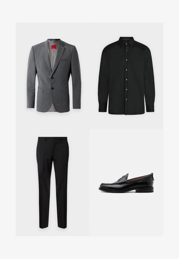 Blazer gris sur mesure avec revers crantés, deux boutons et deux poches avant. Intérieur doublé de tissu gris clair. Étiquette de marque rouge visible.; Chemise noire à manches longues avec boutons, col pointu et poignets boutonnés, présentée sur un fond clair uni.; Pantalons noirs ajustés en tissu lisse, présentant une jambe droite, des détails de pli raffinés et une taille classique avec passants de ceinture.; Mocassin homme en cuir noir avec couture moc toe, bride penny, col texturé et petit talon empilé sur fond blanc.