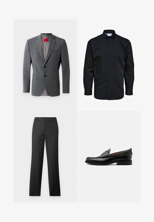Grå skræddersyet blazer med klapkraver, to knapper og to frontlommer. Indersiden er foret med lys grå stof. Rød mærke synlig.; Herre langærmet sort skjorte med knaplukning foran og klassisk krave, lavet af glat stof.; Samsøe Samsøe SAJOHNNY TROUSERS - Bukser - turkish coffee; Sort læder herre loafer med moc-tå syning, penny strop, struktureret krave og lav stablet hæl på hvid baggrund.