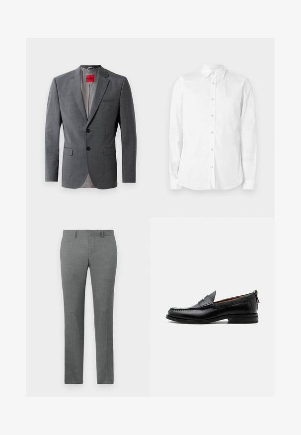 Blazer gris sur mesure avec revers crantés, deux boutons et deux poches avant. Intérieur doublé de tissu gris clair. Étiquette de marque rouge visible.; Chemise blanche à manches longues avec boutons, fabriquée en coton. Comprend un col pointu et un petit logo brodé sur la poitrine. Texture lisse.; Pantalons gris ajustés avec une texture lisse, design à jambe droite, passants de ceinture et un motif chevron subtil sur l'ensemble.; Mocassin homme en cuir noir avec couture moc toe, bride penny, col texturé et petit talon empilé sur fond blanc.