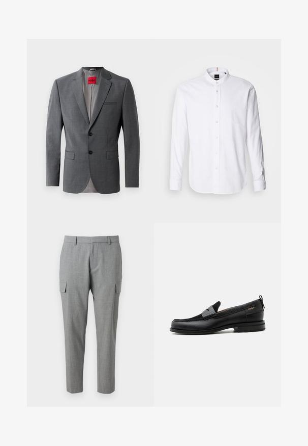 Blazer gris sur mesure avec revers crantés, deux boutons et deux poches avant. Intérieur doublé de tissu gris clair. Étiquette de marque rouge visible.; Chemise blanche à manches longues avec col bande, boutonnière à l'avant et ourlet arrondi. Fabriquée en coton, elle présente une texture lisse et un léger éclat.; Pantalons cargo gris en tissu texturé, dotés de poches latérales, d'une coupe droite et d'une taille mi-haute. Coutures soignées et sans motifs visibles.; Mocassin en cuir noir avec détail de bride grise, talon bas et semelle texturée, marqué "HUGO" en or sur le côté.