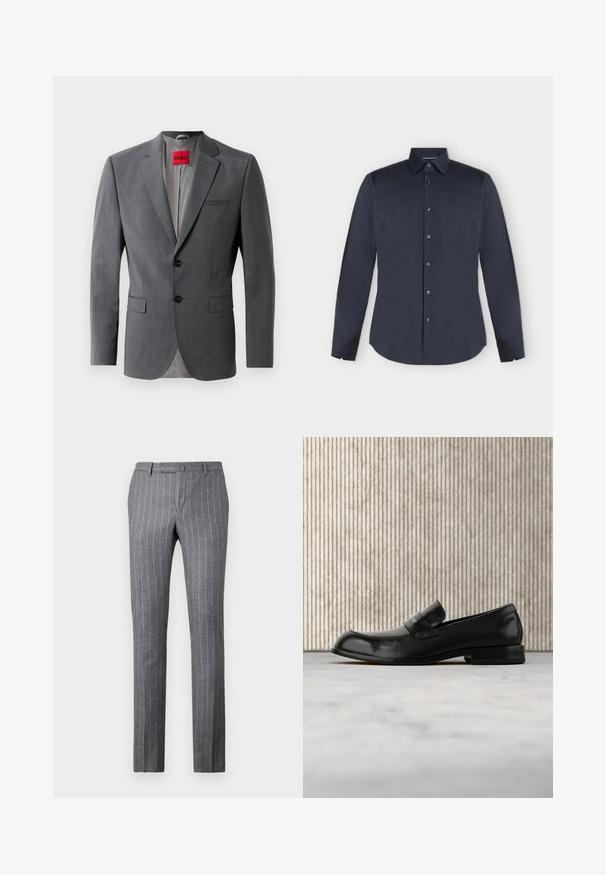 Blazer gris a medida con solapas de muesca, dos botones y dos bolsillos frontales. Forro interior de tela gris claro. Etiqueta de la marca roja visible.; Camisa de vestir para hombre de manga larga en azul marino oscuro con botones, cuello puntiagudo y puños abotonados sobre un fondo gris claro.; Pantalones a rayas gris claro hechos de una tela texturizada, que presentan un diseño clásico, un corte recto y dos bolsillos frontales.; Mocasín negro de cuero con detalle metálico, mostrado suspendido sobre una alfombra beige, con una mesa redonda de color ámbar en el fondo.
