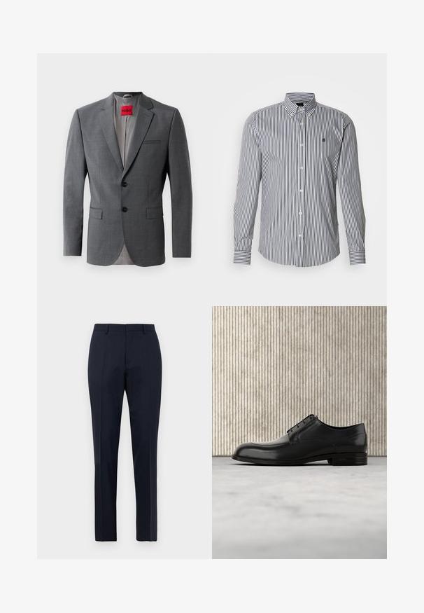 Grijze op maat gemaakte blazer met gekleurde revers, twee knopen en twee voorkruiszakken. Binnenkant gevoerd met lichtgrijze stof. Rode merklabel zichtbaar.; Gestreept shirt met lange mouwen in marineblauw en wit, met een button-down kraag, knoopsluiting aan de voorkant en logodetail op de borst.; Marineblauwe op maat gemaakte heren pantalon met subtiel ruitpatroon, riemlussen en voorplooien, frontaal weergegeven op een witte achtergrond.; Zwarte leren dress shoe met een ronde neus, een gladde textuur, minimale naden en een platte zool met subtiele branding op de hiel.