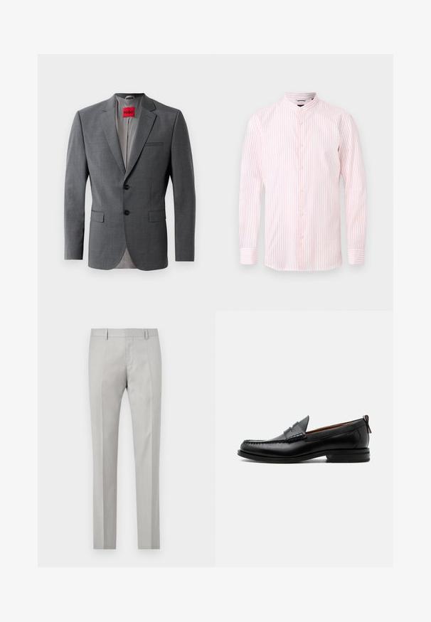 Blazer gris a medida con solapas de muesca, dos botones y dos bolsillos frontales. Forro interior de tela gris claro. Etiqueta de la marca roja visible.; Camisa de manga larga con botones, con rayas verticales rosas y blancas, y cuello mandarín, mostrada sobre un fondo liso.; Pantalones ajustados de color gris claro con una textura suave, frente plano y dos bolsillos laterales. Presentan piernas rectas y detalles de pliegue sutiles.; Mocasín de hombre de piel negra con costura moc toe, tira penny, cuello texturizado y tacón bajo apilado sobre fondo blanco.