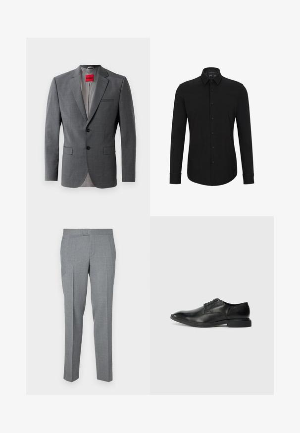 Grå skræddersyet blazer med klapkraver, to knapper og to frontlommer. Indersiden er foret med lys grå stof. Rød mærke synlig.; Sort langærmet skjorte lavet af struktureret stof, med knaplukning fortil, spidse kraver og buet kant.; Grå skræddersyede bukser lavet af tekstureret stof, med glat front, bæltesløjfer og to sidelommer. Lige ben design.; Sort læder herresko med glat overflade, spids tå, seks snørrehuller og lav, rektangulær hæl. Diskret brandingdetalje på siden.