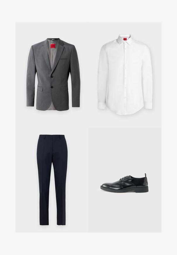 Grau maßgeschneiderte Blazer mit Reverskragen, zwei Knöpfen und zwei Vorderstaschen. Innen mit hellgrauem Stoff gefüttert. Rotes Markenlabel sichtbar.; Weißes langärmeliges Hemd mit Knopfleiste, spitzem Kragen und rotem Hugo-Brandetikett innen am Kragen.; Marineblaue, maßgeschneiderte Herrenhosen mit subtilen Karomuster, Gürtelschlaufen und Bügelfalte, frontal auf weißem Hintergrund präsentiert.; Glänzender schwarzer Lederschuh mit niedrigem Absatz, Schnürverschluss und runder Kappe, seitlich auf hellem, schlichten Hintergrund gezeigt.