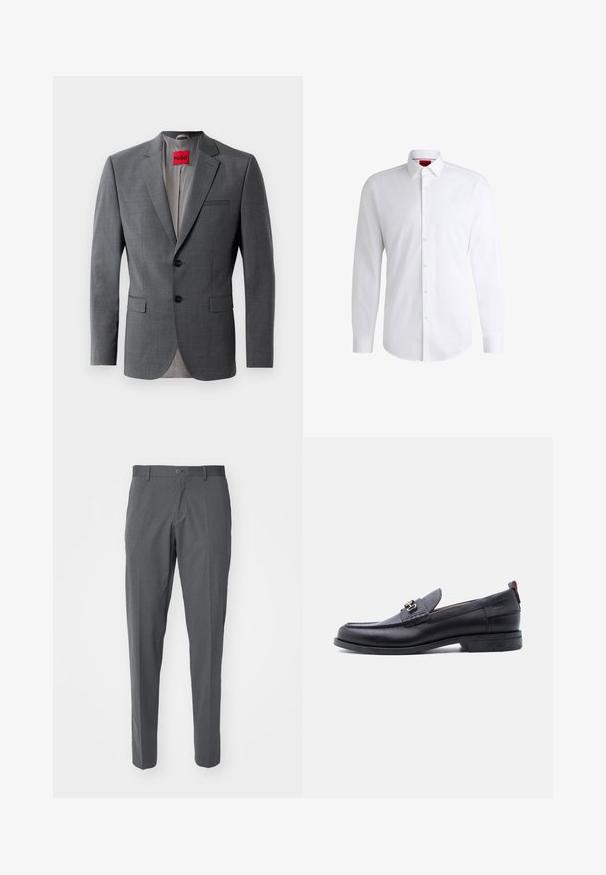 Grijze op maat gemaakte blazer met gekleurde revers, twee knopen en twee voorkruiszakken. Binnenkant gevoerd met lichtgrijze stof. Rode merklabel zichtbaar.; Witte overhemden van soepel materiaal met een klassieke kraag, lange mouwen en een afgeronde zoom. Voorzien van beige knopen aan de voorkant.; Grijze broek van een gladde stof, met een knoopsluiting, steekzakken en een slim fit ontwerp.; Zwarte leren loafer met grijze, gestructureerde vamp, zilveren metalen gesp, lage hak en trekkoord aan de achterkant.