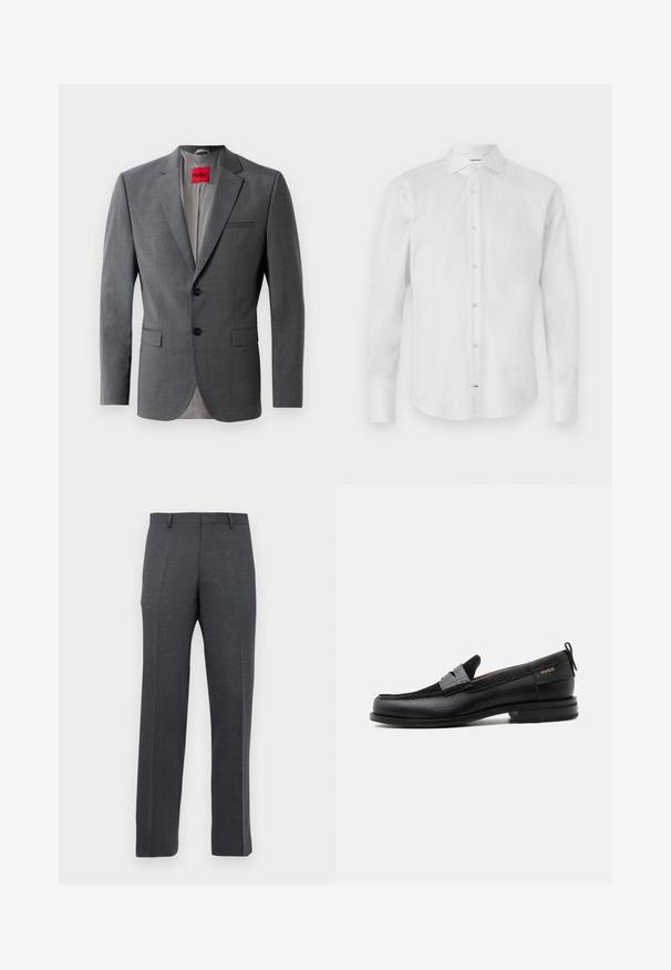 Blazer gris a medida con solapas de muesca, dos botones y dos bolsillos frontales. Forro interior de tela gris claro. Etiqueta de la marca roja visible.; Camisa blanca de manga larga con botones hecha de tela suave; presenta un cuello clásico, cierre de botones y dobladillo redondeado.; Pantalones de vestir ajustados en gris oscuro para hombre, con trabillas y pliegues frontales, mostrados sobre un fondo blanco.; Mocasín de cuero negro con detalle de tira gris, tacón bajo y suela texturizada, con la marca "HUGO" en oro en el lateral.