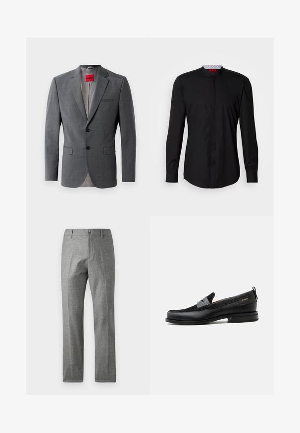 Blazer gris a medida con solapas de muesca, dos botones y dos bolsillos frontales. Forro interior de tela gris claro. Etiqueta de la marca roja visible.; Camisa negra de manga larga con cuello mandarín, confeccionada en una tela suave, con cierre de botones en la parte delantera y detalles de diseño sutiles.; Pantalones grises texturizados con un diseño de pierna recta, que presentan un cierre frontal con botón y cremallera. Detalle sutil de patrón de espiga.; Mocasín de cuero negro con detalle de tira gris, tacón bajo y suela texturizada, con la marca "HUGO" en oro en el lateral.