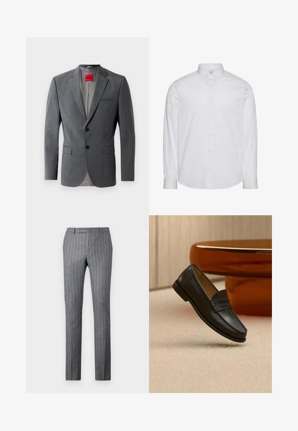 Grijze op maat gemaakte blazer met gekleurde revers, twee knopen en twee voorkruiszakken. Binnenkant gevoerd met lichtgrijze stof. Rode merklabel zichtbaar.; Witte, lange mouwen, katoenen overhemd met knopen. Voorzien van een standaardkraag, een voorste knopenlijst en een afgeronde zoom. Subtiel merklogo.; Grijze pinstriped broek gemaakt van textuurstof, met een klassiek ontwerp, rechte pasvorm en twee voorke pockets.; Zwarte leren loaferschoen zwevend boven een beige tapijt met amberkleurige moderne meubels op de achtergrond.