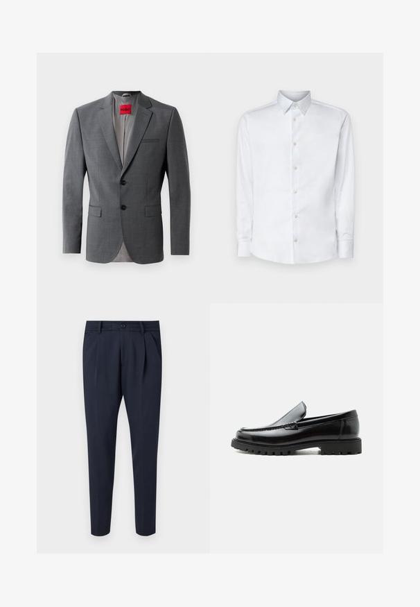Grå skræddersyet blazer med klapkraver, to knapper og to frontlommer. Indersiden er foret med lys grå stof. Rød mærke synlig.; Hvid langærmet skjorte lavet af glat stof, med en klassisk krave, knaplukning og manchetter med knapper, vist på en ensfarvet baggrund.; Marinebukser lavet af glat stof, med pile, lynlås- og knaplukning, sidelommer og en tætsiddende ben-design.; Sort læderloafer med chunky gummisål, syet overdel og præget mærkenavn på hælen, vist i sideprofil på hvid baggrund.