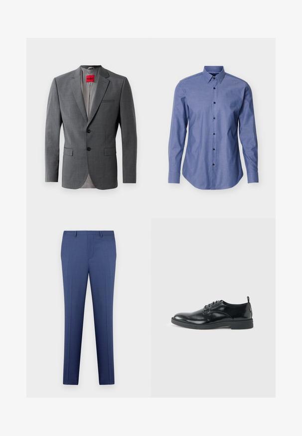 Blazer gris a medida con solapas de muesca, dos botones y dos bolsillos frontales. Forro interior de tela gris claro. Etiqueta de la marca roja visible.; Camisa azul de manga larga con cuello puntiagudo y botones negros en la parte delantera, exhibida sobre un fondo blanco.; Pantalones de vestir para hombre en azul, ajustados, con trabillas para cinturón, cremallera en la parte delantera y detalles de plisado, exhibidos sobre un fondo blanco.; Zapato de vestir negro de cuero brillante con tacón bajo, cierre de cordones y puntera redonda, mostrado de lado sobre un fondo claro y liso.