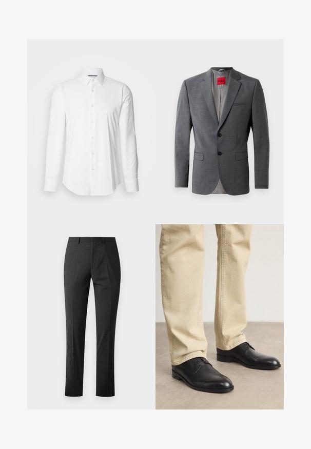 Grå skræddersyet blazer med klapkraver, to knapper og to frontlommer. Indersiden er foret med lys grå stof. Rød mærke synlig.; Hvid langærmet skjorte lavet af glat stof, med klassisk krave og knap-front design samt en buet kant. Knapperne er diskret blanke.; Skræddersyede mørkegrå bukser med en glat tekstur, slim fit, flad front og standard talje. Har pressede folder og ingen synlige mønstre.; Sorte læder snørebåndssko med rund tå, glat finish og diskrete syninger, båret med lyse beige bukser.