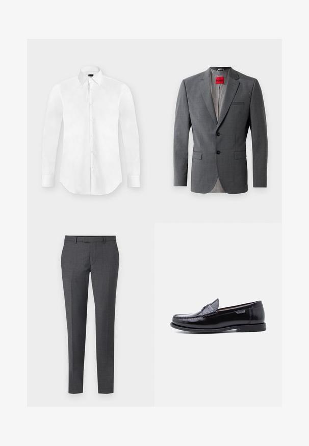 Grå skræddersyet blazer med klapkraver, to knapper og to frontlommer. Indersiden er foret med lys grå stof. Rød mærke synlig.; Hvid langærmet skjorte med knapper og spidst krave, lagt fladt på en lysegrå baggrund.; Grå skræddersyede bukser med en glat tekstur, lige pasform, flad front og bæltesløjfer. Har et subtilt ternet mønster og en kant ned foran.; Sorte læderloafer med en blank finish, der har et syet mønster på tåen og en lav, tekstureret sort gummisål.