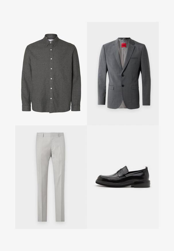 Grijze op maat gemaakte blazer met gekleurde revers, twee knopen en twee voorkruiszakken. Binnenkant gevoerd met lichtgrijze stof. Rode merklabel zichtbaar.; Donkergrijs overhemd met lange mouwen, knopen, een puntige kraag en witte knopen aan de voorzijde in het midden.; Lichtgrijze op maat gemaakte broek met een gladde textuur, platte voorkant en twee zijzakken. Beschikt over rechte pijpen en subtiele vouwdetails.; Calvin Klein MOCCASIN - Zakelijke loafers - black