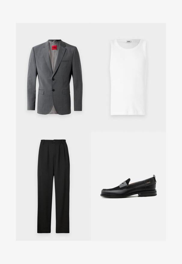 Grå skræddersyet blazer med klapkraver, to knapper og to frontlommer. Indersiden er foret med lys grå stof. Rød mærke synlig.; Hvid bomulds tanktop uden ærmer med rund halsudskæring og en glat tekstur. Enkel design, ingen mønstre eller accenter.; Sorte bukser med et struktureret mønster, der har en bred talje med en knap og forkærninger foran for en skræddersyet pasform. Lige ben-design.; Sort læderloafer med grå remdetalje, lav hæl og tekstureret sål, mærket med "HUGO" i guld på siden.
