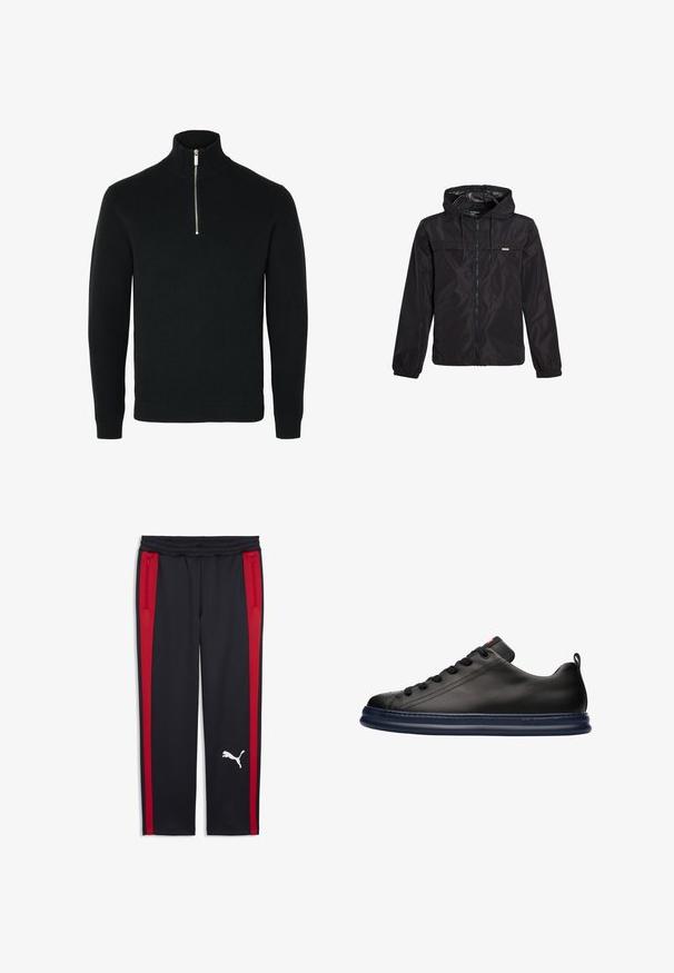 Letvægts sort jakke med hætte, lynlås fortil og elastiske manchetter. Har en vandret brystlomme og en lille logo-detalje.; Sort langtærmet strikket sweater med ribbet høj krave og en sølv halv lynlås foran i midten.; Sorte atletikbukser med røde sidelommer, elastisk talje og lynlåslommer. Har en hvid logo på den nederste del af benet.; Sort lædersneaker med rund tå, flad snøring og en tykkere navy gummisål. Har diskrete perforeringer og en hælflap.