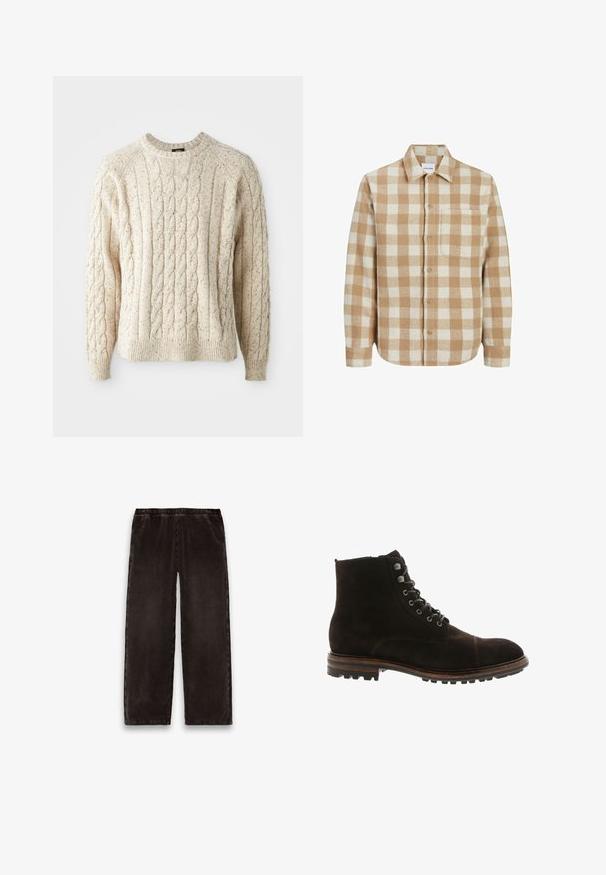 Beige- und cremefarbener Karoshemd aus Flanell, strukturierter Kragen, Brusttasche, Knopfschluss, lange Ärmel mit knöpfbaren Manschetten.; Cremfarbener Kabelstrickpullover mit Rundhalsausschnitt, strukturiertem Muster und gerippten Bündchen und Saum. Hergestellt aus weicher, dicker Wolle.; Dunkelbraune Cordhosen mit elastischem Bund und geraden Beinen, flach auf einem weißen Hintergrund liegend.; Blackstone Schnürstiefelette - brown