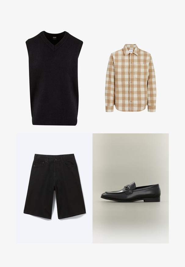 Tjekket flannel skjorte i beige og creme, struktureret krave, frontlomme, knaplukning, lange ærmer med knappede manchetter.; Sort ærmeløs sweater med V-hals, lavet af blødt materiale, med ribbet halsudskæring og kant. Enkel, klassisk design.; Sorte denim shorts til knæet med frontknap, bæltestropper og fem lommer, vist mod en hvid baggrund.; Sort læder herreloafer med lav hæl og metal spænde på toppen, vist fra siden mod en neutral baggrund.