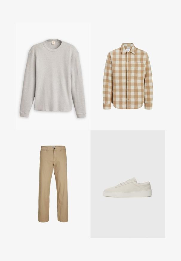 Geruite flanellen overhemden in beige en crème, gestructureerde kraag, borstzak, knoopsluiting, lange mouwen met knoopmanchetten.; Grijze lange mouwen trui van gebreid materiaal met een geribbeld patroon, ronde halslijn en rechte zoom. De manchetten zijn aansluitend en gemaakt van zachte stof.; Beige rechte broek met knoopsluiting, ceintuurlussen en voorzakken, afgebeeld tegen een witte achtergrond.; Beige sneakers met een zachte suede afwerking, ronde neus en platte rubberen zool. Beschikt over vetersluiting en een minimalistisch ontwerp met subtiele stiksels.