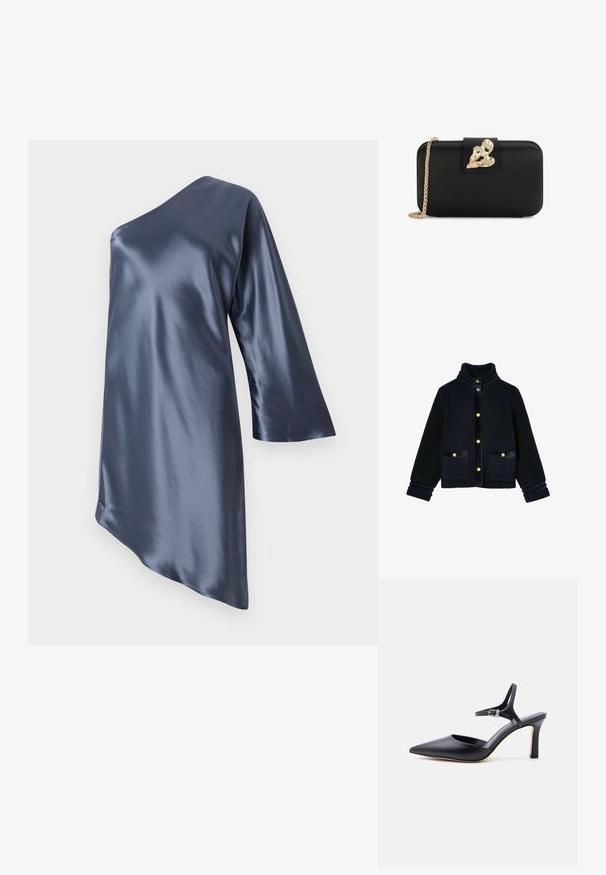 Marineblå fleecejakke med høj krave, gyldne knapper, to forlommer og fløjlsdetaljer på stolpen og mansjetterne. Blød tekstur.; Asymmetrisk satin kjole i mørk navy, med én langærmet og en glat, blank tekstur med en skrå nederkant.; Sort spids højhælet sko med tynd ankelrem og sølvspænde, glat læderfinish, elegant damesko.; Sort rektangulær clutch med afrundede kanter, abstrakt guldlås og guldkæde på hvid baggrund.