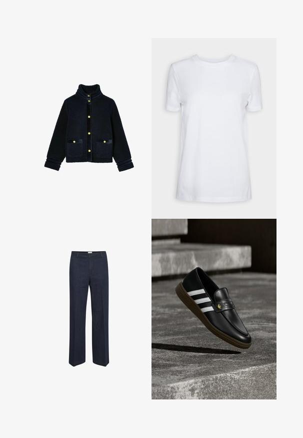 Marineblauwe fleece jack met hoge kraag, gouden knopen, twee voorzakken en fluwelen accenten op de sluiting en mouwen. Zachte textuur.; Effen wit T-shirt met korte mouwen en ronde hals, normale pasvorm en een klein label aan de binnenkant van de hals met de tekst "SELECTED FEMME."; Donkerblauwe, wijde jeans met een klassieke tailleband en voorzakken, ontworpen voor een comfortabele pasvorm en veelzijdige stijl.; Zwarte leren loafer met witte strepen en bruine zool, gepositioneerd boven betonnen treden die een schaduw op de grond werpen.