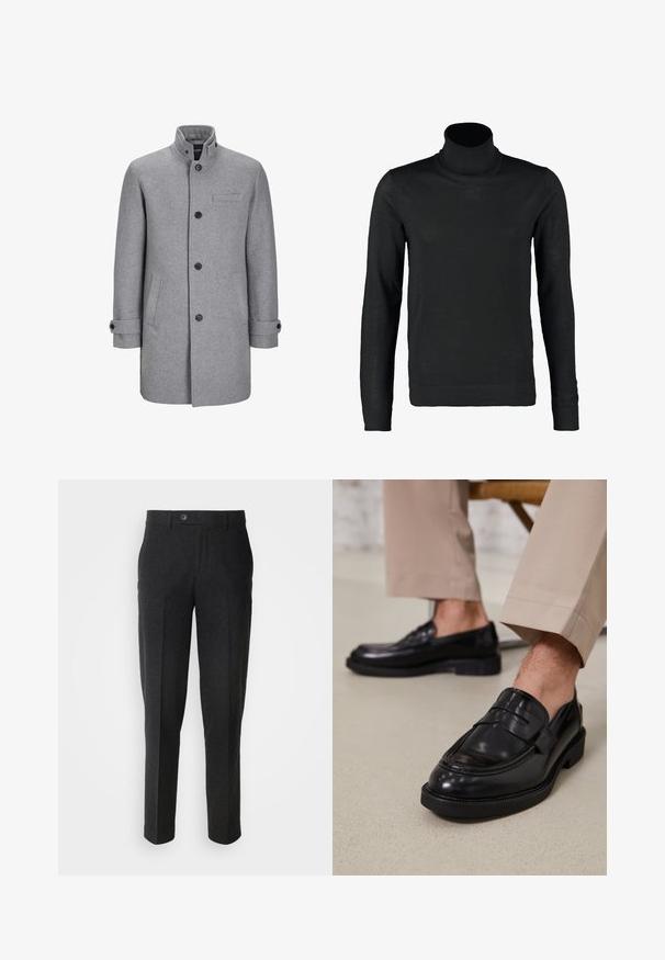 Grau wollener Mantel mit hochstehendem Kragen, vorderem Knopfverschluss, einer Brusttasche und zwei seitlichen Taschen. Merkmale sind umgeschlagene Manschetten und eine strukturierte Oberfläche.; Lindbergh ROLL NECK - Strickpullover - black; Lindbergh Stoffhose - black melange; Schwarze Lederloafers mit glatter Oberfläche, ausgestattet mit einem dekorativen Riemen und Kontrastnähten, kombiniert mit beigen Hosen.