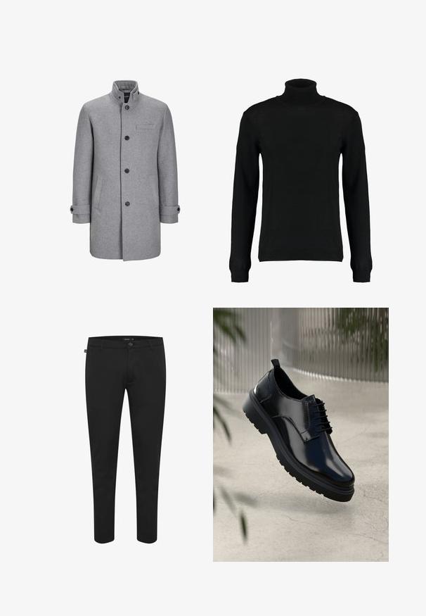 Grå uldfrakke med høj krave, frontknaplukning, en brystlomme og to sidelommer. Har rullede manchetter og en struktureret overflade.; Sort turtleneck sweater i et glat strikket stof, med lange ærmer og en tætsiddende silhuet. Ribstrikkede manchetter og kant.; Sorte bukser lavet af glat stof. Har en knaplukning, bæltesløjfer og et slim fit-design med tapered ben. Ingen synlige mønstre.; Sorte lædersko med en blank overflade, rund tå, snøredesign, kontrastsyninger og en tyk gummisål med mønster.