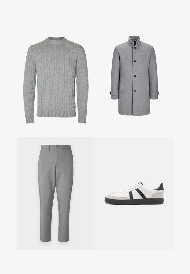 Manteau en laine gris avec un col haut, fermeture à boutons à l'avant, une poche poitrine et deux poches latérales. Présente des poignets roulés et une finition texturée.; Pull en tricot gris clair avec un motif torsadé, col rond et poignets et ourlet côtelés. Confectionné en tissu doux et texturé.; Pantalon tailleur gris avec une texture subtile, coupe droite et fermeture à boutons sur le devant. Comprend des passants de ceinture et des poches latérales.; Baskets blanches avec des accents noirs et gris, présentant un embout texturé gris, une semelle en caoutchouc noir et des lacets plats blancs. Design épuré, style minimaliste.