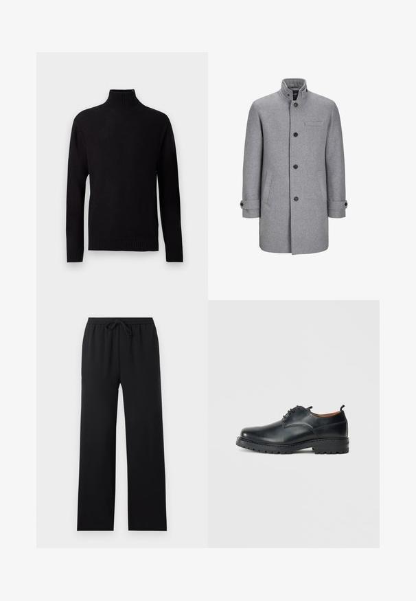 Abrigo de lana gris con cuello alto, cierre frontal de botones, un bolsillo en el pecho y dos bolsillos laterales. Presenta puños enrollados y un acabado texturizado.; Jersey negro de cuello alto de punto con mangas largas, puños, bajo y cuello de canalé, mostrado sobre un fondo gris claro.; Pantalones negros de corte holgado con cintura elástica y cordón frontal, piernas rectas, diseño sencillo, mostrados sobre un fondo neutro.; Zapatos derby de cuero negro con una textura suave, punta redondeada, diseño de cordones y una suela de goma gruesa y resistente.