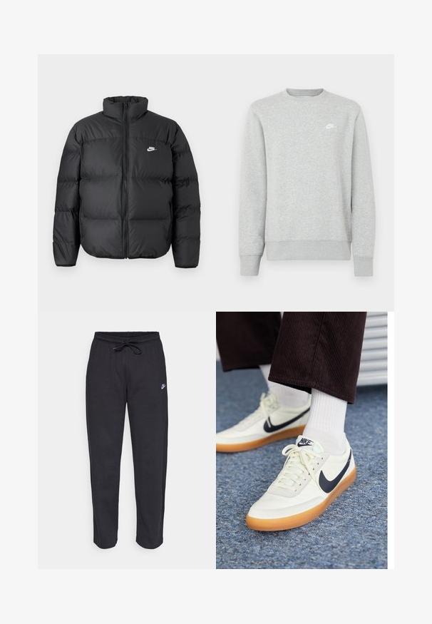 Schwarze Pufferjacke mit hohem Kragen, Reißverschluss und Nike-Logo in Weiß. Verfügt über gesteppte Bereiche zur Isolierung und eine gepolsterte Textur.; Grauer Sweatshirt aus weichem Fleece-Material, mit gerippten Bündchen und Saum sowie einem kleinen weißen Nike-Logo auf der Brust.; Schwarze Sweatpants aus weichem Stoff mit elastischem Bund, Kordelzug und kleinem Nike-Logo auf dem linken Oberschenkel.; Nike-Sneaker aus weißem Leder mit einem navy blauen Swoosh, ausgestattet mit einer Gummisohle und weißen Schnürsenkeln, kombiniert mit weißen Socken und dunklen Cord-Hosen.