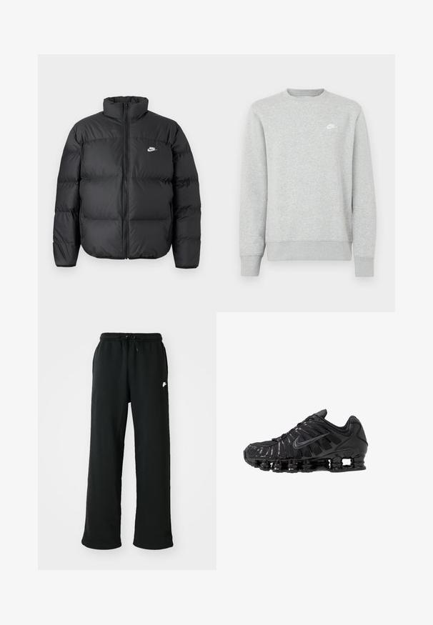 Svart puffjakke med høy krage, glidelås foran og Nike-logo i hvitt. Har quiltede seksjoner for isolasjon og en polstret tekstur.; Grå genser laget av mykt fleece-materiale, har ribbestrikkede mansjetter og kant, med en liten hvit Nike-logo på brystet.; Sorte sweatpants laget av myk stoff, med elastisk linning og justerbar snor samt en liten logo aksent på siden.; Svarte sportssko laget av mesh og syntetiske materialer, med et tydelig bølget design, svart gummisåle og reflekterende detaljer.