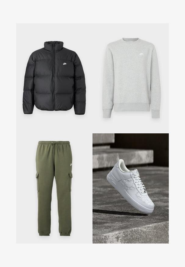 Čierna páperová bunda s vysokým golierom, zipsom a bielym logom Nike. Obsahuje prešívané časti pre izoláciu a polstrovanú textúru.; Sivá mikina z mäkkého fleecového materiálu, s rebrovanými manžetami a lemom, s malým bielym logom Nike na hrudi.; Olivové cargo nohavice s elastickým pásom, šnúrkovým zapínaním, bočnými vreckami a značkovým logom na stehne. Hladká zmes bavlny.; Biele tenisky Nike Air Force 1 s vyrazenými vzormi hviezd a kovovým príveskom v tvare hviezdy na šnúrkach, ktoré voľne visia nad betónovým povrchom.