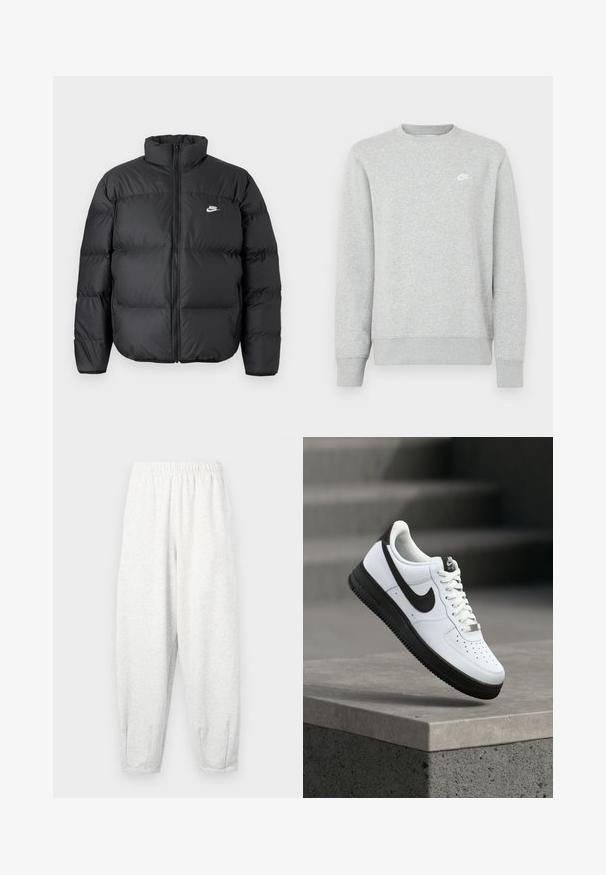 Schwarze Pufferjacke mit hohem Kragen, Reißverschluss und Nike-Logo in Weiß. Verfügt über gesteppte Bereiche zur Isolierung und eine gepolsterte Textur.; Grauer Sweatshirt aus weichem Fleece-Material, mit gerippten Bündchen und Saum sowie einem kleinen weißen Nike-Logo auf der Brust.; Hellgraue Sweatpants aus weichem Stoff, mit einem elastischen Bund, schmal zulaufenden Beinen und Fußbündchen. Einfaches Design ohne Muster.; Weißer Ledersneaker mit schwarzen Akzenten, abgerundetem Zehenbereich und perforierten Details. Schwarze Gummisohle mit strukturiertem Muster und Schnürverschluss.