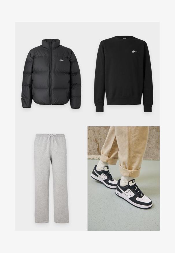 Sort puffjakke med høj krave, lynlåslukning og Nike-logo i hvidt. Har quiltede sektioner til isolering og en polstret tekstur.; Sort sweatshirt lavet af bomuld med rund hals, lange ærmer og et lille hvidt Nike-logo på øverste venstre bryst.; Grå joggingbukser med elastisk talje og snor. Fremstillet af blødt stof, de har lige ben og diskret logodetalje.; Sorte og hvide Nike Air Force 1 sneakers med læderoverdel, perforeret tå og tekstureret såldetalje, båret med rullede beige bukser og hvide sokker.