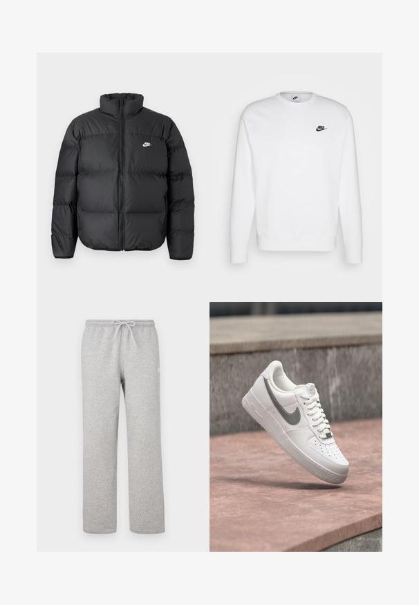 Čierna páperová bunda s vysokým golierom, zipsom a bielym logom Nike. Obsahuje prešívané časti pre izoláciu a polstrovanú textúru.; Biela mikina vyrobená z bavlny s dlhými rukávmi, okrúhlym výstrihom a čiernym logom Nike na ľavej hrudi. Mäkká textúra s rebrovanými manžetami.; Šedé teplákové nohavice s elastickým pásom a šnúrkou. Vyrobené z mäkkej látky, majú rovné nohavice a jemný logotyp.; Biela teniska Nike Air Force 1 so sivým logom swoosh, ktorá visí nad kamenným povrchom a sivou kamennou stenou v pozadí.