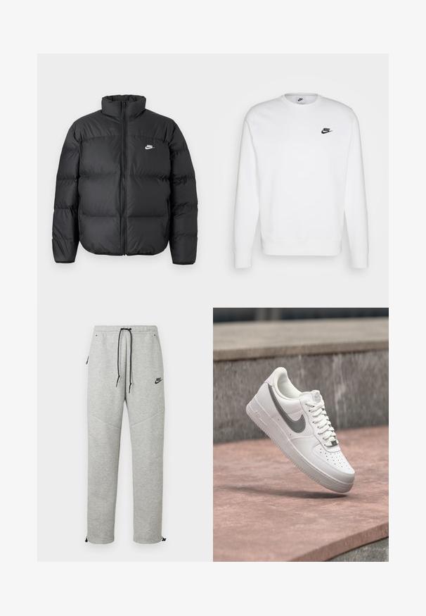 Črna puhovka z visokim ovratnikom, zadrgo in belim logotipom Nike. Ima prešite dele za izolacijo in oblazinjen videz.; Bela majica s dolgimi rokavi iz bombaža, okroglim izrezom in črnim Nike logotipom na levem prsnem delu. Mehka tekstura z rebrastimi manšetami.; Sive Nike trenirke z vrvico v pasu, stranskimi žepi in elastičnimi manšetami. Imajo gladko teksturo in kontrastne črne podrobnosti z logotipom.; Bela Nike Air Force 1 superga s sivim logotipom swoosh, ki lebdi nad kamnito površino in sivim kamnitim zidom v ozadju.