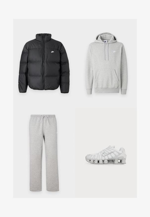 Sort puffjakke med høj krave, lynlåslukning og Nike-logo i hvidt. Har quiltede sektioner til isolering og en polstret tekstur.; Lysegrå hættetrøje lavet af blødt stof, med kængurulomme, snørre i hætten og et lille hvidt logo på brystet.; Grå joggingbukser med elastisk talje og snor. Fremstillet af blødt stof, de har lige ben og diskret logodetalje.; Hvid Nike løbesko med synlig luftstøbt sål og sølv swoosh-logo på siden, vist fra ydersiden.