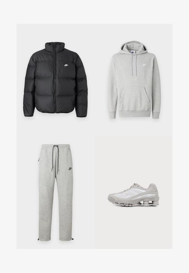 Zwarte pufferjack met hoge kraag, ritssluiting en witte Nike-logo. Heeft doorgestikte stukken voor isolatie en een gewatteerde textuur.; Lichtgrijze hoodie van zachte stof, met een buidelzak, capuchon met trekkoord en een klein wit logo op de borst.; Grijze Nike trainingsbroek met een verstelbare tailleband, zijzakken en elastische boorden. Heeft een soepele textuur en contrasterende zwarte logo-details.; Grijze en witte sportschoen met zichtbare luchtkussenzool en meshpanelen, in profiel weergegeven op een eenvoudige lichte achtergrond.