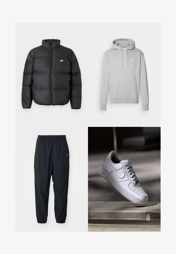 Sort puffjakke med høj krave, lynlåslukning og Nike-logo i hvidt. Har quiltede sektioner til isolering og en polstret tekstur.; Grå fleece hættejakke med en front kangaroo lomme, snøre i hætten og hvidt logo på brystet. Har ribbede manchetter og kant.; Sorte cargo-bukser lavet af letvægtsmateriale, der har en elastisk talje, sidelommer og en afslappet pasform med elastiske manchetter.; Hvid læder Nike Air Force 1 sneaker med perforeret tå, flade snørebånd og tekstureret gummisål med "AIR" branding på siden.
