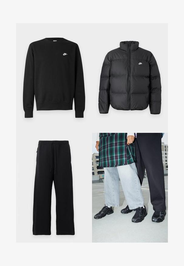 Doudoune noire avec un col haut, fermeture éclair et logo Nike en blanc. Présente des sections matelassées pour l'isolation et une texture rembourrée.; Sweat-shirt noir en coton, avec un col rond, des manches longues, et un petit logo Nike blanc sur la partie supérieure gauche de la poitrine.; Pantalons de survêtement noirs en tissu doux, dotés d'une taille avec cordon de serrage, d'une coupe large et de poches latérales avec une texture lisse.; Baskets de sport noires avec des accents en mesh et en caoutchouc. Portées avec un jean large gris clair et un haut à carreaux vert. Fond à surface plane.