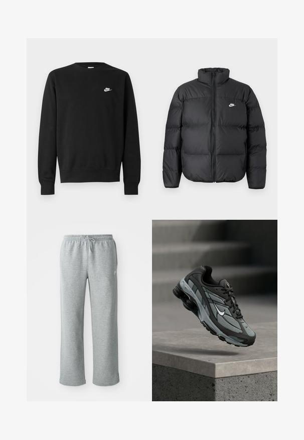 Abrigo de plumas negro con cuello alto, cierre de cremallera y logo de Nike en blanco. Presenta secciones acolchadas para aislamiento y una textura acolchada.; Sudadera negra de algodón, con cuello redondo, mangas largas y un pequeño logo blanco de Nike en el pecho superior izquierdo.; Pantalones de chándal de algodón grises con cinturilla elástica, cierre de cordón y piernas rectas. Presentan un pequeño logo en la parte superior izquierda.; Zapatilla deportiva gris y negra con paneles de malla y suela gruesa, posicionada en el aire sobre un saliente de hormigón con escaleras de fondo.