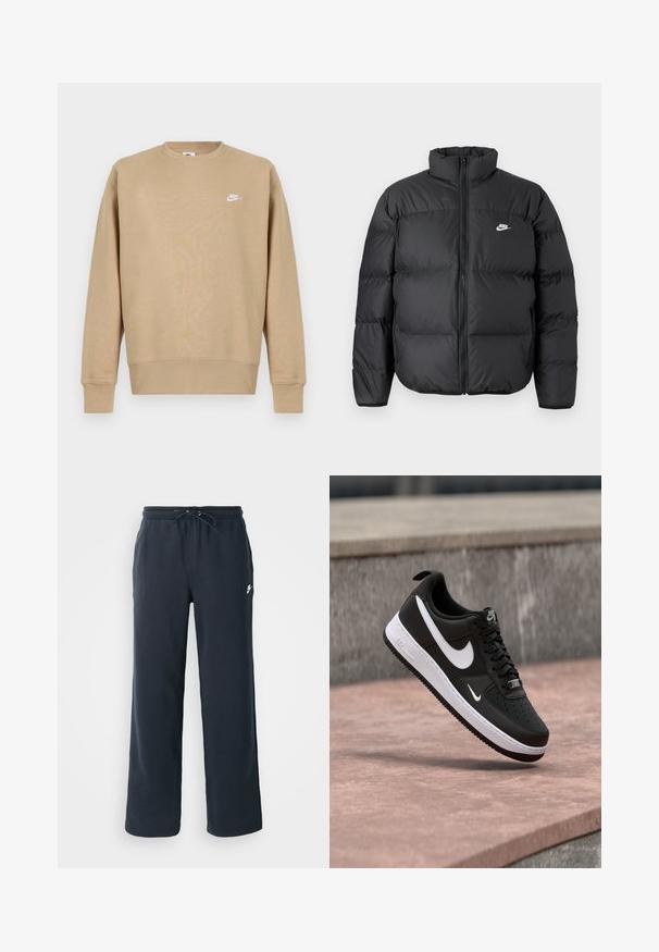 Abrigo de plumas negro con cuello alto, cierre de cremallera y logo de Nike en blanco. Presenta secciones acolchadas para aislamiento y una textura acolchada.; Sudadera Nike en color beige con cuello redondo, mangas largas y un logo blanco en el pecho. La tela parece suave con una textura lisa.; Pantalones de chándal azul marino oscuro con cintura elástica y cordón. Hechos de tela suave, presentan un pequeño logo blanco en la cadera izquierda.; Zapatilla Nike Air Force 1 en blanco y negro suspendida sobre una superficie de concreto rosa con un fondo de piedra gris.