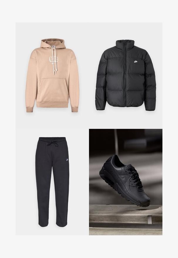 Čierna páperová bunda s vysokým golierom, zipsom a bielym logom Nike. Obsahuje prešívané časti pre izoláciu a polstrovanú textúru.; Béžová mikina s predným vreckom, nastaviteľnými šnúrkami a potlačeným logom. Mäkky materiál s rebrovanými manžetami a lemom.; Čierne tepláky vyrobené z mäkkej tkaniny s elastickým pásom, sťahovacou šnúrkou a malým logom Nike na ľavom stehne.; Čierne tenisky Nike Air Max s textúrovaným koženým zvrškom, gumovou podrážkou a výrazným šnurovacím systémom, ktoré predvádzajú štýlový, moderný dizajn.