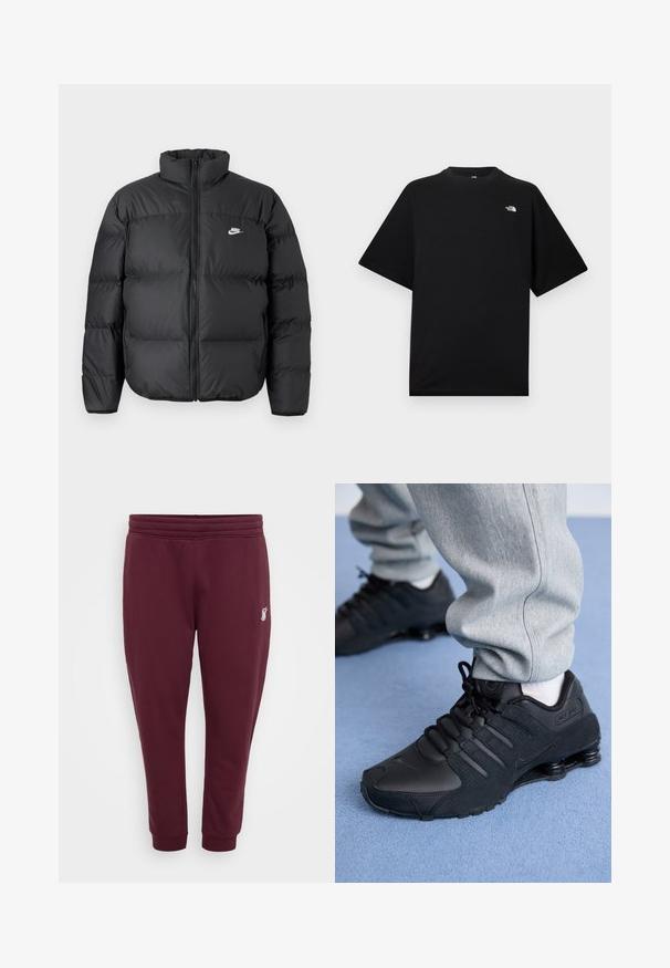 Mustmust musta jope kõrge kaeluse, lukuga ja valge Nike logo. Omab isoleerimiseks tikkimisosasid ja pehmendatud tekstuuri.; Must lühikeste varrukatega T-särk, ümmarguse kaelusega, mille vasakus ülaservas on väike valge The North Face'i logo.; Burgundia värvi dressipüksid, mis on valmistatud pehmest kangast, omavad elastset vööd, mansette pahkluudes ja väikest tikandiga logo vasakus reies.; Isik mustade Nike Shox tossudega ja hallides dressipükstes seisab helesinise vaiba peal.