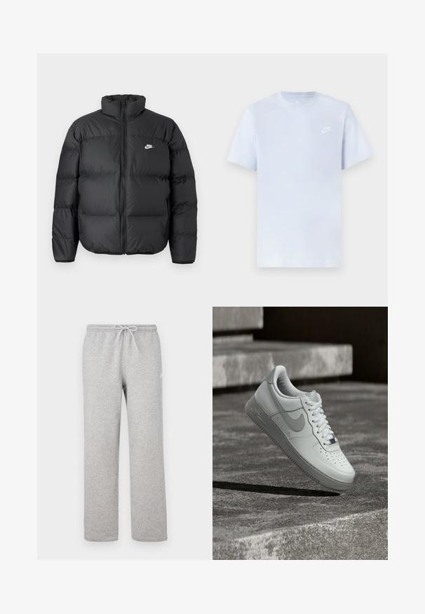 Abrigo de plumas negro con cuello alto, cierre de cremallera y logo de Nike en blanco. Presenta secciones acolchadas para aislamiento y una textura acolchada.; Camiseta de algodón de color azul claro con mangas cortas, cuello redondo y un logo blanco de Nike impreso en el pecho izquierdo. Textura suave, diseño sencillo.; Pantalones deportivos grises con cintura elástica y cordón ajustable. Fabricados con tela suave, cuentan con piernas rectas y un sutil detalle de logotipo.; Zapatilla blanca Nike Air Force 1 flotando sobre una superficie de hormigón texturizado con escalones de piedra al fondo.