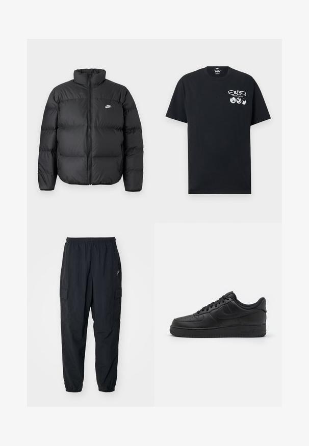 Sort puffjakke med høj krave, lynlåslukning og Nike-logo i hvidt. Har quiltede sektioner til isolering og en polstret tekstur.; Sort Nike T-shirt med korte ærmer med hvid tekst "Nature in Motion", tre ikoner af jordkloden og Nike Swoosh-grafik på venstre bryst.; Sorte cargo-bukser lavet af letvægtsmateriale, der har en elastisk talje, sidelommer og en afslappet pasform med elastiske manchetter.; Nike Sportswear AIR FORCE 1 07 FLYEASE - Sneakers - black
