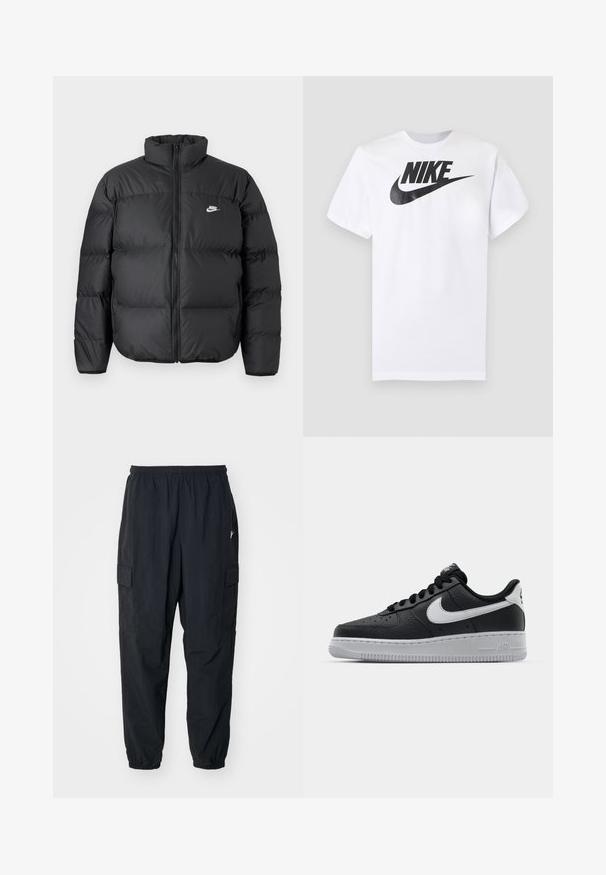 Mustmust musta jope kõrge kaeluse, lukuga ja valge Nike logo. Omab isoleerimiseks tikkimisosasid ja pehmendatud tekstuuri.; Valge lühikeste varrukatega T-särk, millel on must Nike'i logo ja keskel rinnal asuv swoosh, halli ühevärvilise tausta ees.; Mustad mustad püksid kergest materjalist, elastse vöökoha, küljetaskute ja lõdva istuvuse ning elastsete mansettidega.; Must musta sneaker tekstureeritud pinnaga, valge Nike logo, hall tald, ümar varv ja paeltega disain. Omab perforatsioone varbakasti peal.