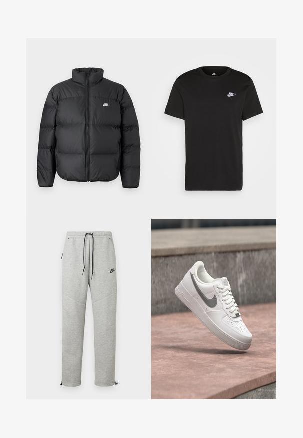 Mustmust musta jope kõrge kaeluse, lukuga ja valge Nike logo. Omab isoleerimiseks tikkimisosasid ja pehmendatud tekstuuri.; Must musta T-särk lühikeste varrukatega, ümmargune kaelus ja väike valge Nike logo vasakul rinnaosal. Sile tekstuur. Klassikaline lõige.; Hallid Nike spordipüksid, millel on nööriga vöökoht, küljetaskud ja elastsed mansetid. Omab siledat tekstuuri ja kontrastset musta logo detaili.; Valge Nike Air Force 1 toss hallika Nike logoga, hõljumas kivil pinnal ja halli kivitahvli taustal.