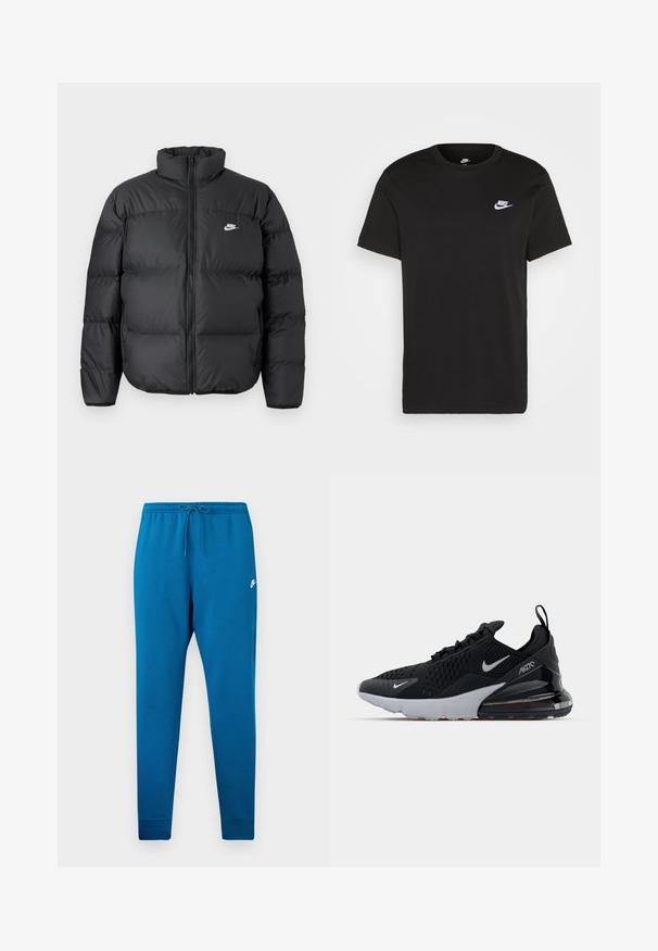 Mustmust musta jope kõrge kaeluse, lukuga ja valge Nike logo. Omab isoleerimiseks tikkimisosasid ja pehmendatud tekstuuri.; Must musta T-särk lühikeste varrukatega, ümmargune kaelus ja väike valge Nike logo vasakul rinnaosal. Sile tekstuur. Klassikaline lõige.; Sinised dressipüksid elastse vöökohtaga ja reguleeritava stringiga. Tootel on valge logo reiele ja kitsenevad mansetid pahkluude juures.; Mustan värvi spordijalats, millel on võrgust ülemine osa, valge vaheosa ja nähtav õhkpadja mehhanism kannas. Lihtne ja moodne disain, millel on peened hõbedased aktsendid.