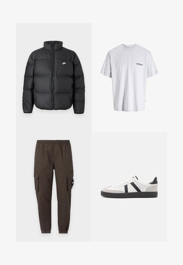 Sort puffjakke med høj krave, lynlåslukning og Nike-logo i hvidt. Har quiltede sektioner til isolering og en polstret tekstur.; Grå t-shirt med korte ærmer, der har et lille blåt "project core" logo på venstre side af brystet, præsenteret på en ensfarvet baggrund.; Cargo bukser i mørkebrunt stof, med elastisk talje, tapered ben og to sidelommer med klapper.; Hvide sneakers med sorte og grå detaljer, med en tekstureret grå tåhætte, sort gummisål og flade hvide snørebånd. Rent design, minimalistisk stil.